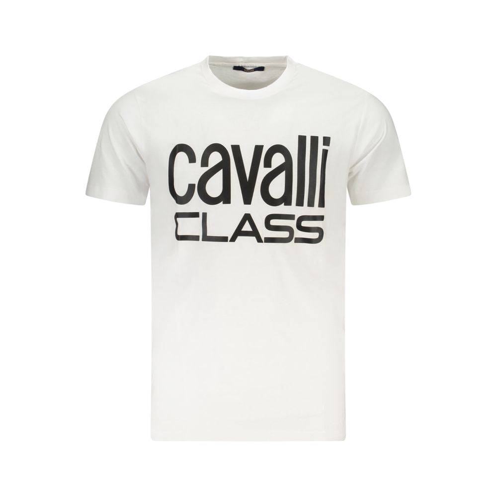 Cavalli Class White Cotton T-Shirt with logo print, crew neck, and short sleeves.