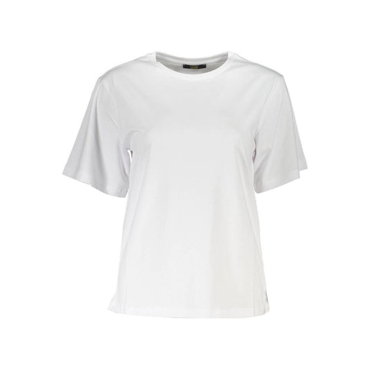 Cavalli Class White Cotton Women T-Shirt, slim fit, short sleeve, featuring a bold print and logo, crafted from fine cotton for comfort.
