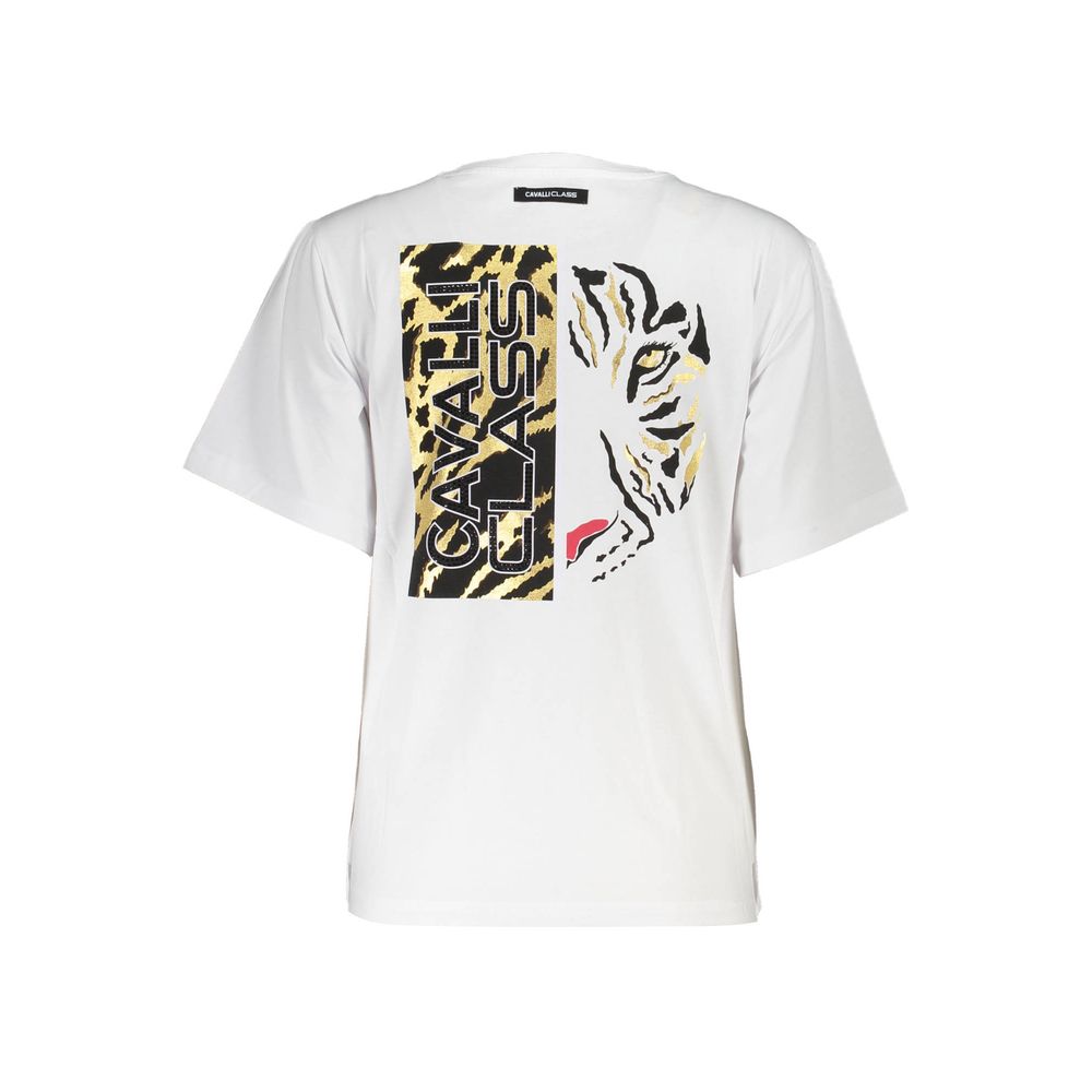 Cavalli Class White Cotton Women T-Shirt with bold print and logo on the back, showcasing modern style and comfort.