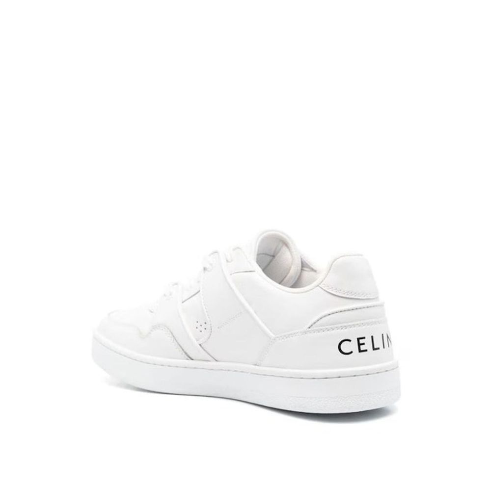 Celine White Calfskin Low Top Sneakers with branded back logo and side relief, featuring rubber sole and lace-up closure, made in Italy.