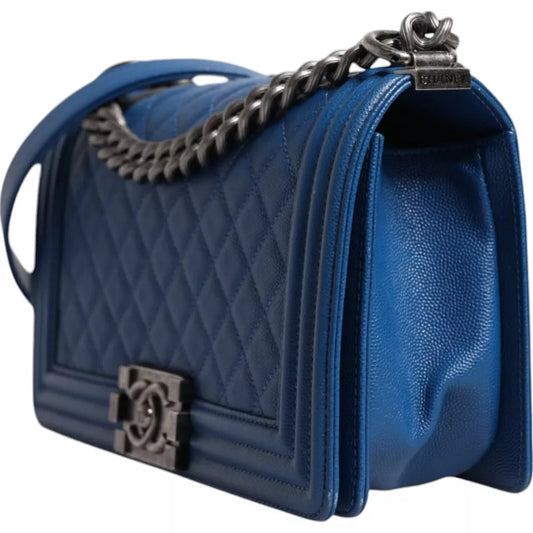 Chanel Blue Lambskin Double Chain Leather Medium Shoulder Bag CHA182