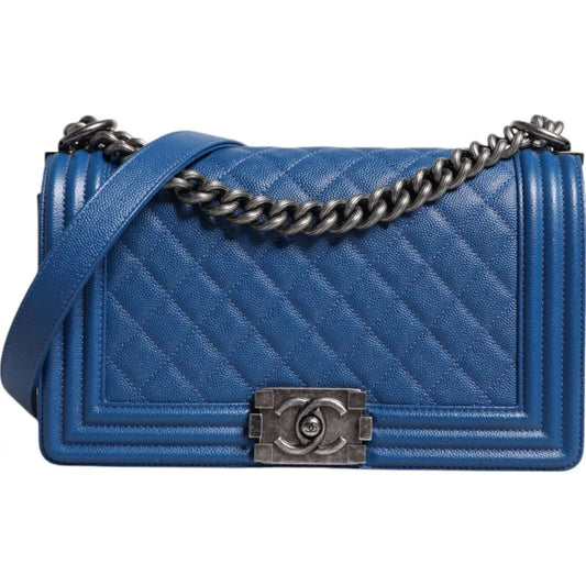 Chanel Blue Lambskin Double Chain Leather Medium Shoulder Bag CHA182