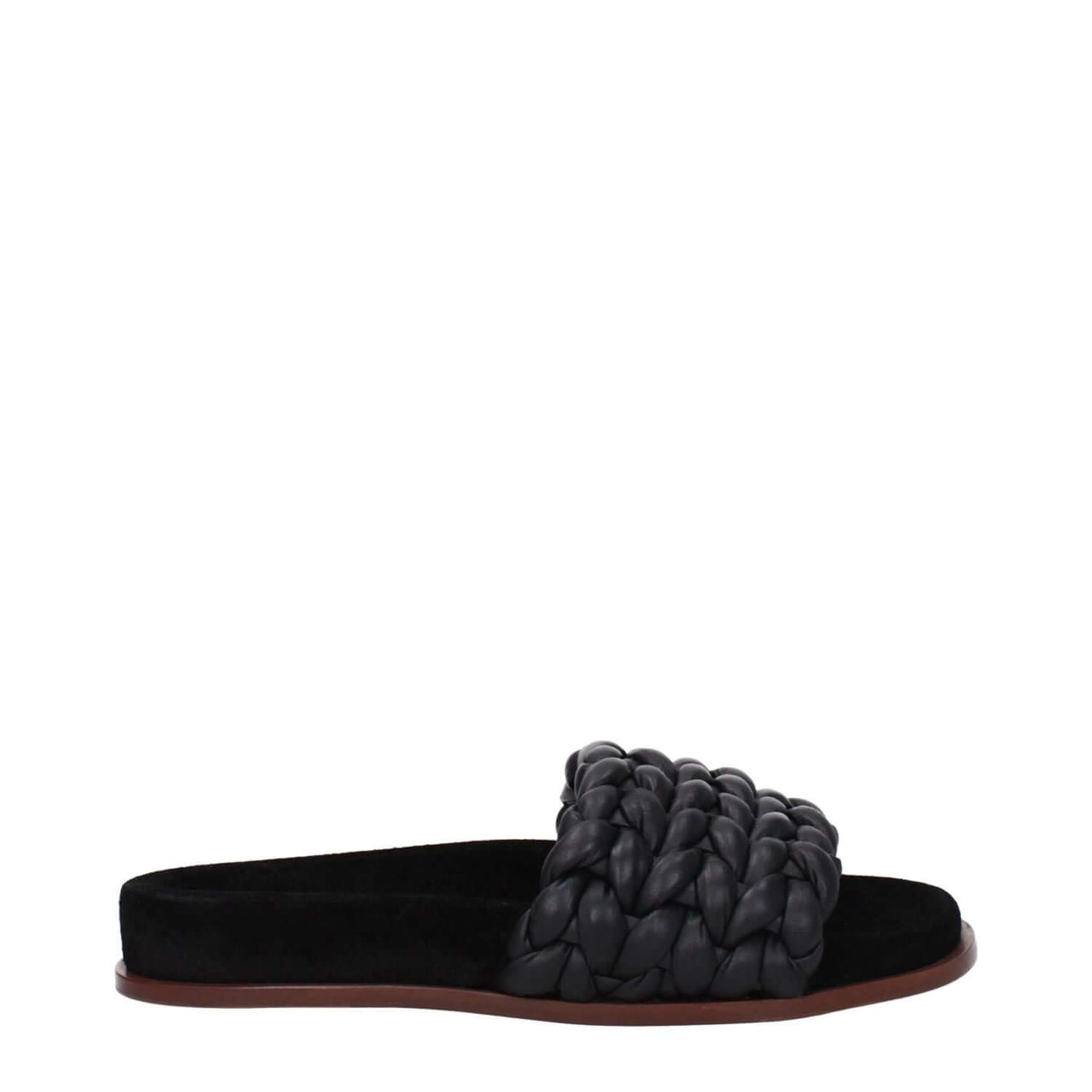 Chloé Black Leather Slippers with open toe and low flat heel, designed for casual style, featuring braided leather strap on brown sole.