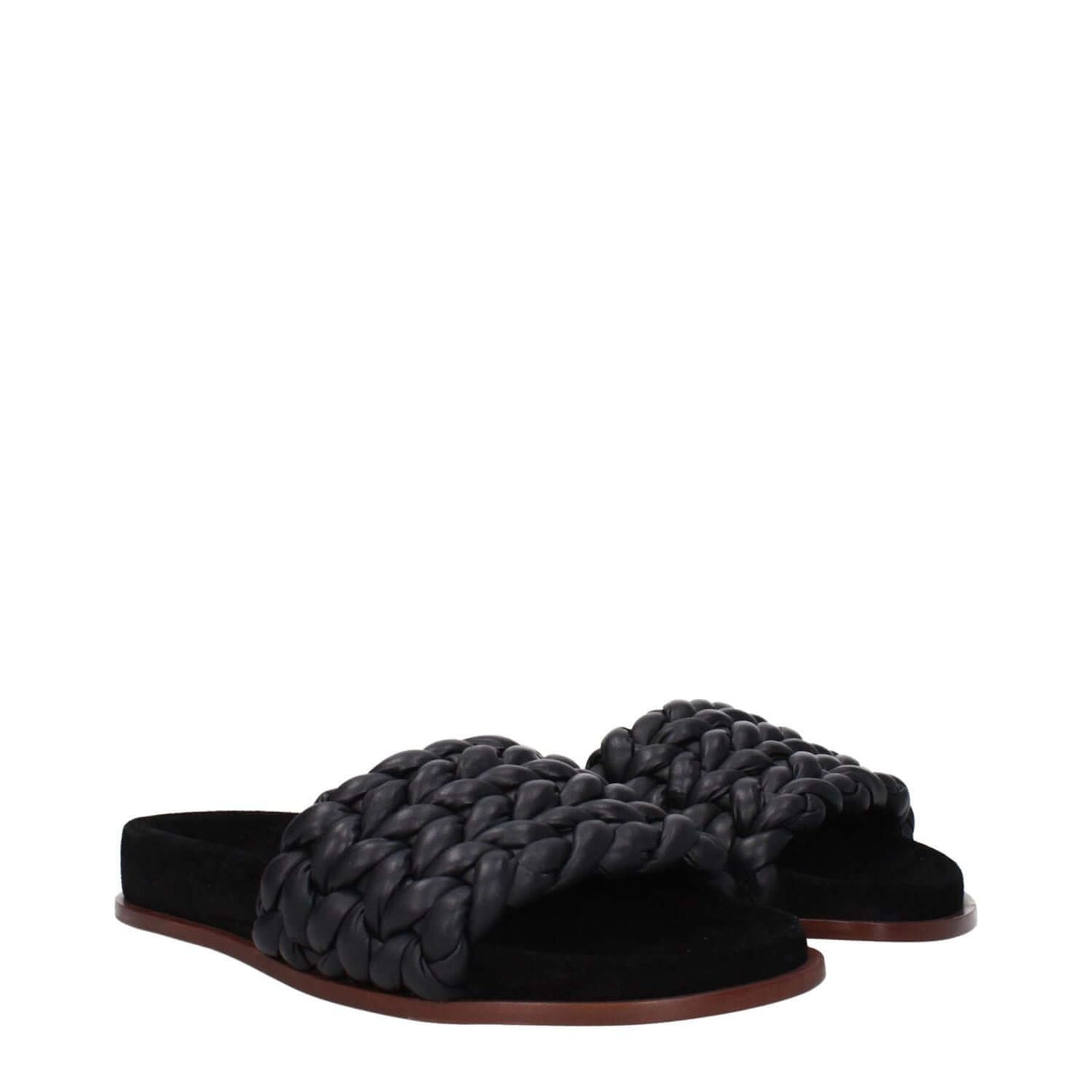 Chloé Black Leather Slippers, casual open toe design with woven leather straps and low flat heel, stylish footwear.