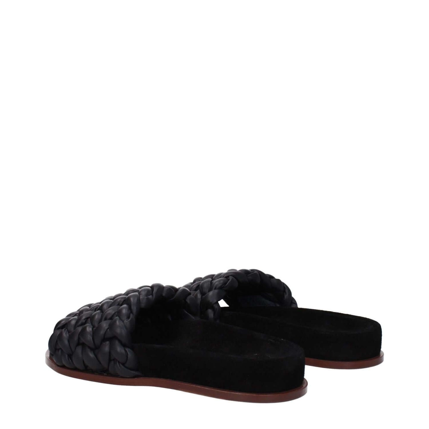 Alt Tag: Chloé Black Leather Slippers with open toe and leather sole, featuring a casual low flat heel design.