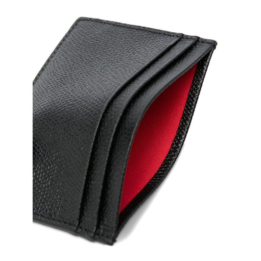 Christian Louboutin Mooncrest leather card case in black calf leather with embossed logo and red interior, multiple card slots visible.