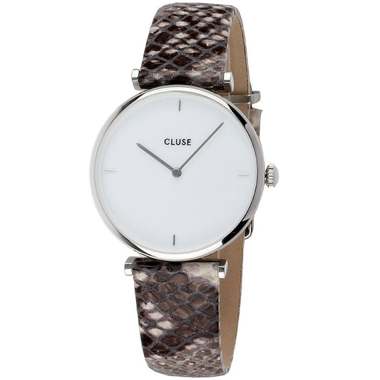 Cluse Beige Leather Dress Watch with silver stainless steel case, white dial, and analog display featuring a beige leather strap.