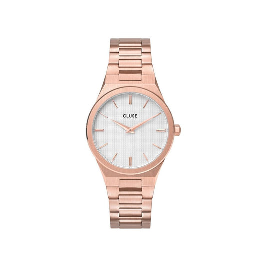 Cluse Multicolor Stainless Steel Dress Watch with pink stainless steel bracelet and white dial, quartz mechanism, mineral glass.