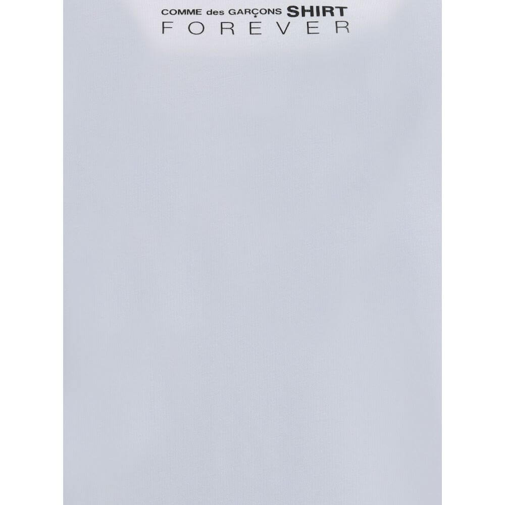 Comme Des Garçons White Cotton Sportswear T-Shirt with printed logo on back, crew neck, and short sleeves.