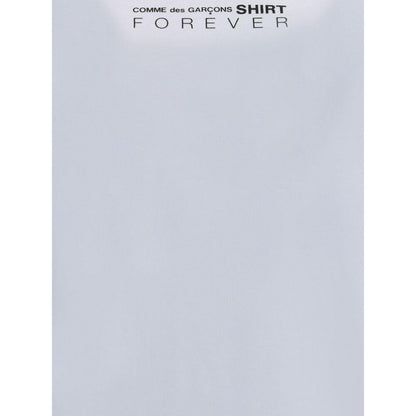 Comme Des Garçons White Cotton Sportswear T-Shirt with printed logo on back, crew neck, and short sleeves.