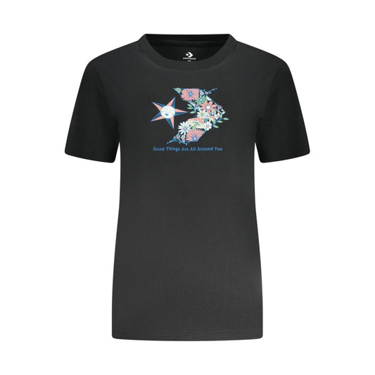 Converse Black Cotton Women T-Shirt with floral graphic and logo design, showing casual chic style in slim fit crew neck.