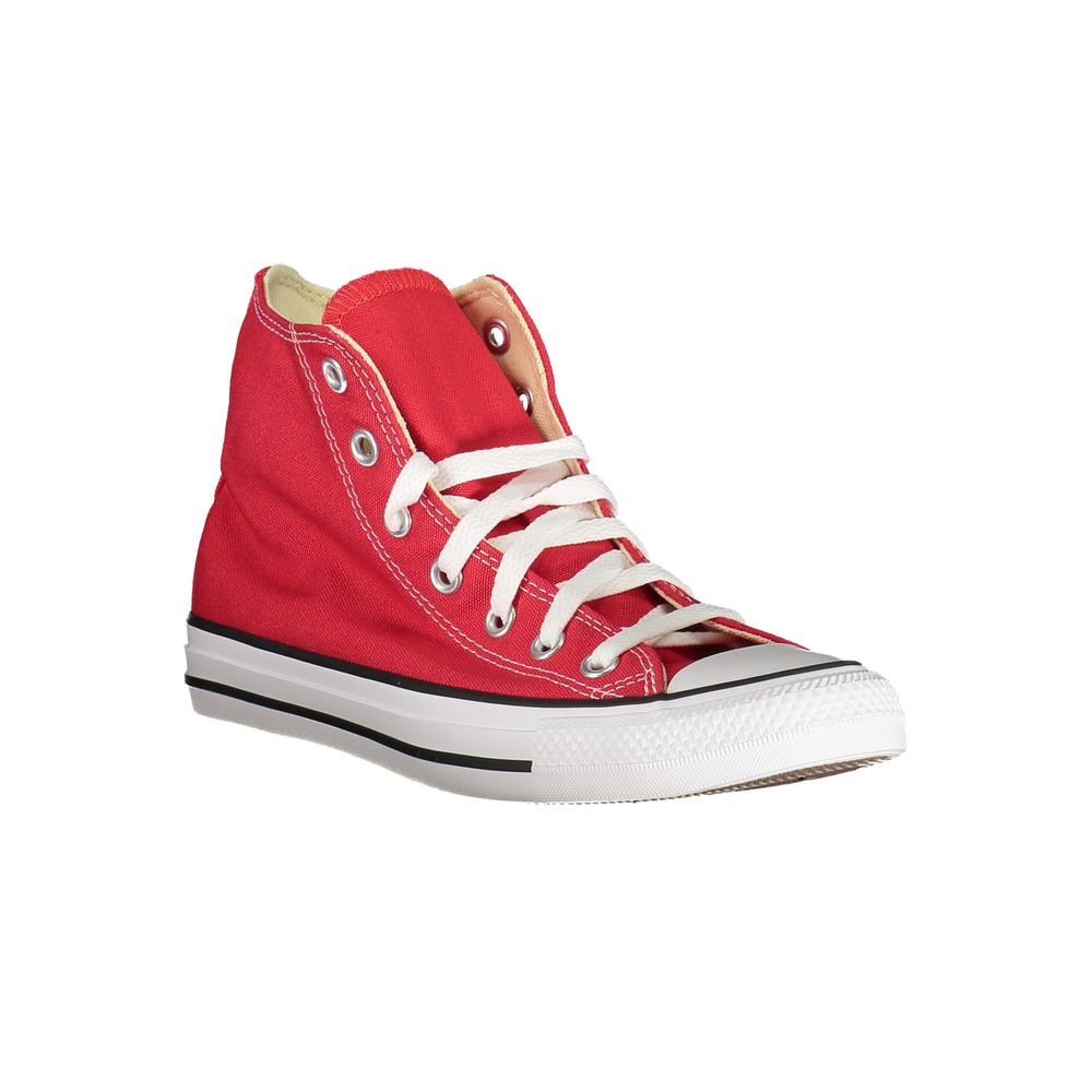 Converse Red Polyester Sneaker, high sports shoe with laces, unisex, contrast sole, logo design, stylish footwear.