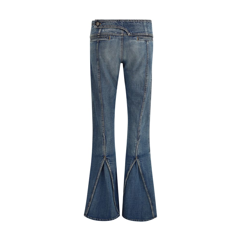 Coperni Blue Polyester Flared Jeans with front pockets and back slits, made from 65% polyester and 35% cotton, perfect for AW25 fashion trends.
