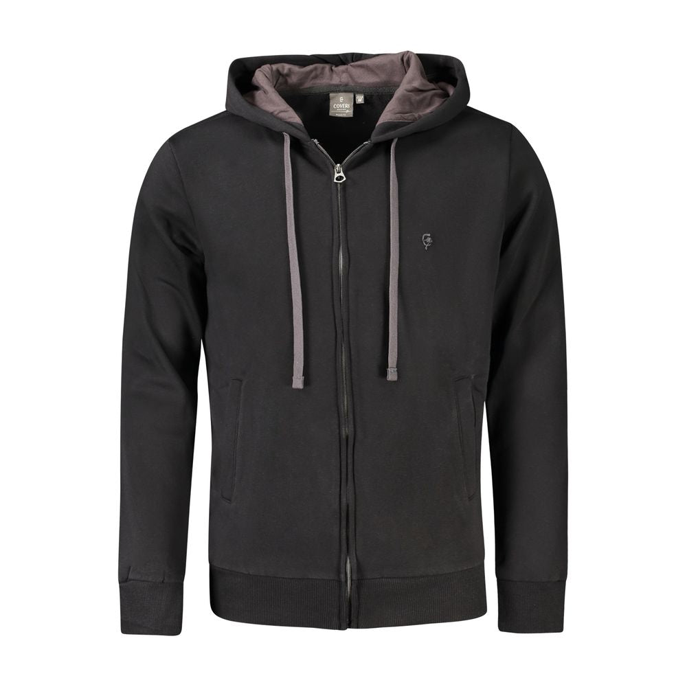 Coveri Moving Black Cotton Men Sweater with hoodie, zip front, and embroidery detailing.