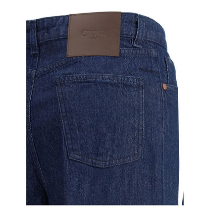 Close-up of Cruna Blue Cotton Relaxed Fit Jeans highlighting wide leg and pocket details, made of 100% cotton for a casual look.