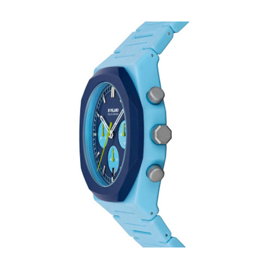 D1 MILANO Mod. POLYCHRONO BLUE BLAST watch with blue polycarbonate case and strap, quartz movement, 40.5 mm, 5 ATM water resistance.