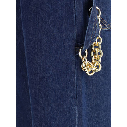 Close-up of Darkpark Blue Cotton Jeans Denim featuring gold chain appliqué detail at waist and deep blue fabric texture.