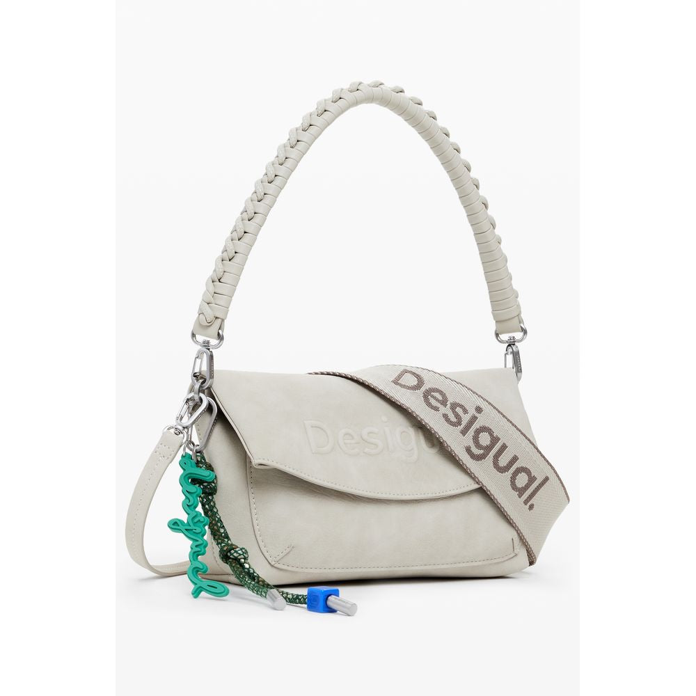 Desigual Beige Polyethylene Women Handbag with adjustable straps and chic relief print, featuring external and internal pockets for essentials.