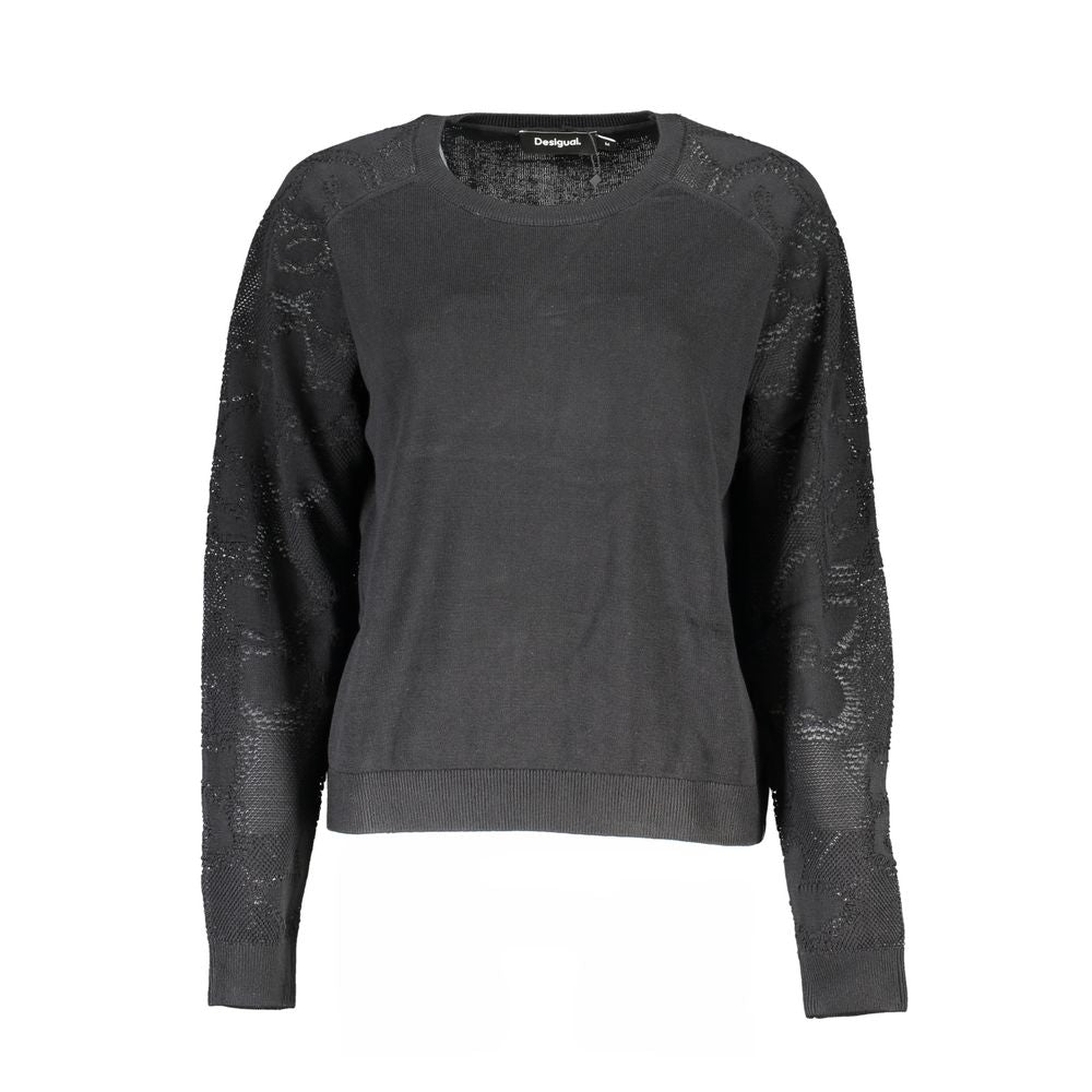 Desigual Black Cotton Sweater with long sleeves, crew neck, contrast details, and logo