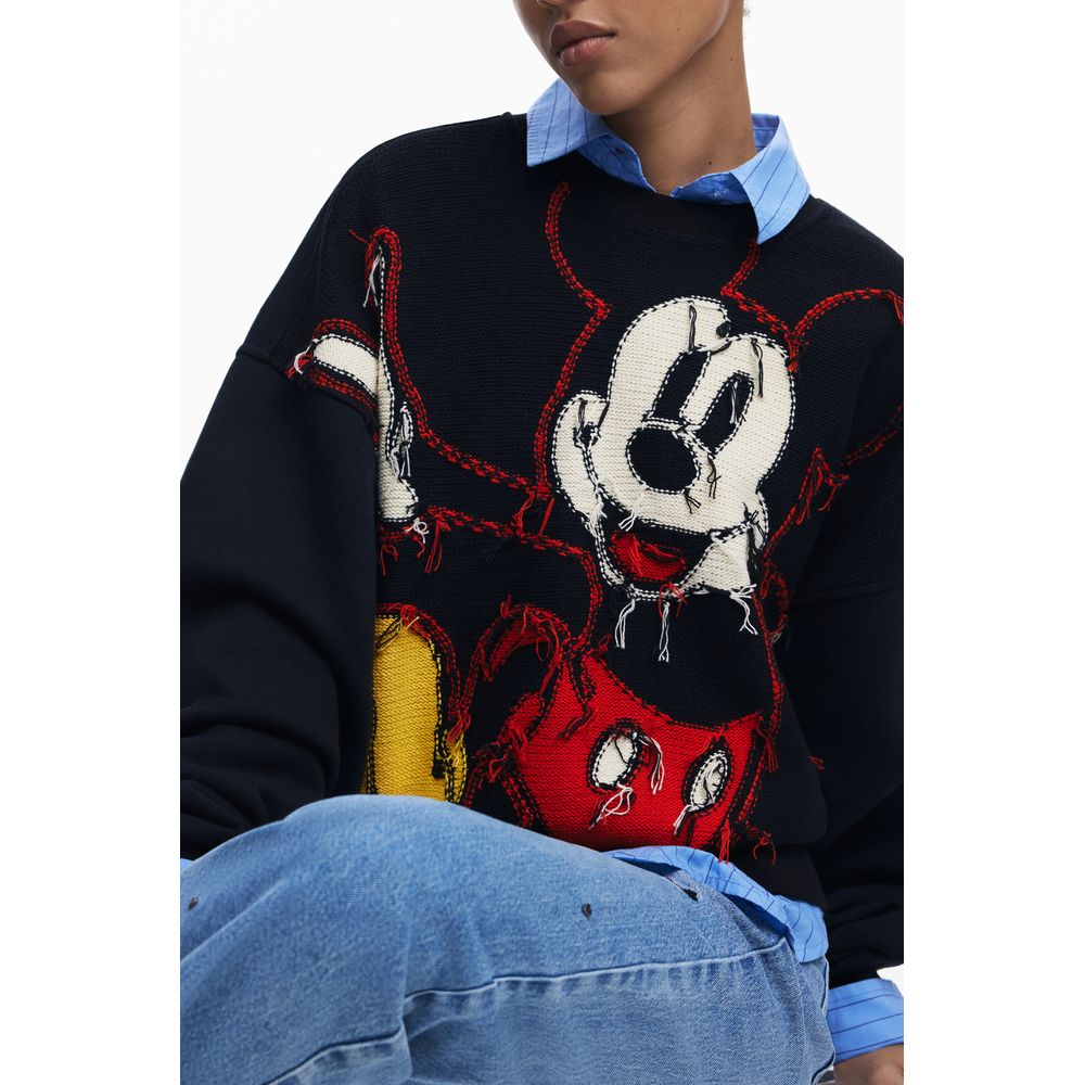 Desigual Black Cotton Women Sweater with Mickey Mouse embroidery, casual luxe style, bold design, cozy and resilient material.