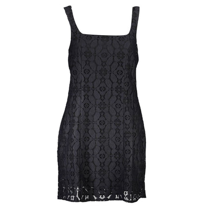Desigual Black Polyester Women Dress with a square neckline and lace pattern, featuring a bold sleeveless cut for a striking look.