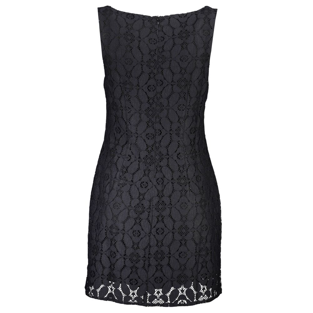 Desigual Black Polyester Women Dress with sleeveless cut and square neckline showcasing back zipper and intricate lace pattern.