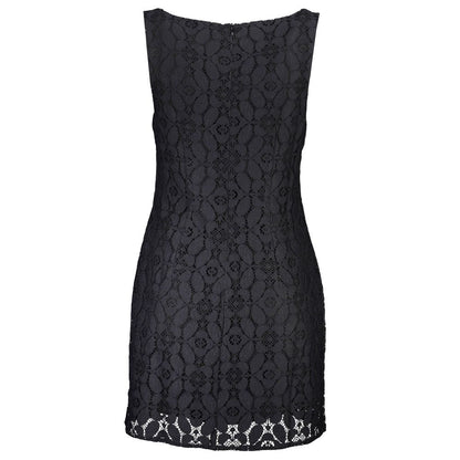 Desigual Black Polyester Women Dress with sleeveless cut and square neckline showcasing back zipper and intricate lace pattern.