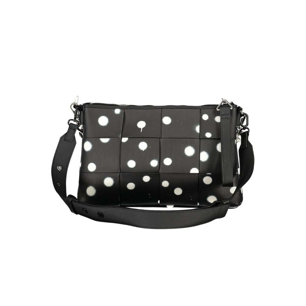 Desigual Black Polyethylene Handbag with polka dots, adjustable strap, removable chain handle, and multiple compartments.