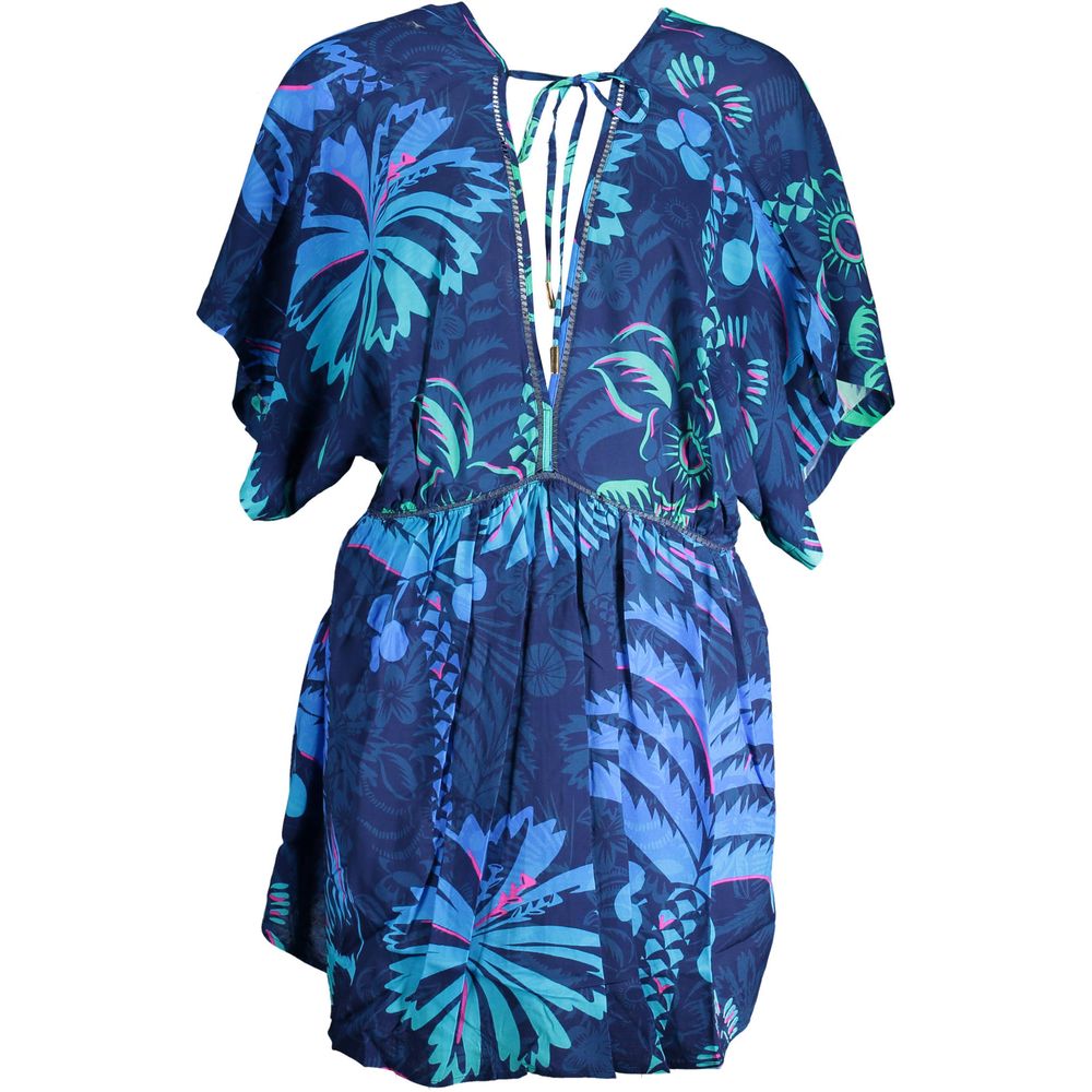 Desigual Blue Cotton Women Dress with floral pattern, V-neck, short sleeves, elastic waist, and necktie design.