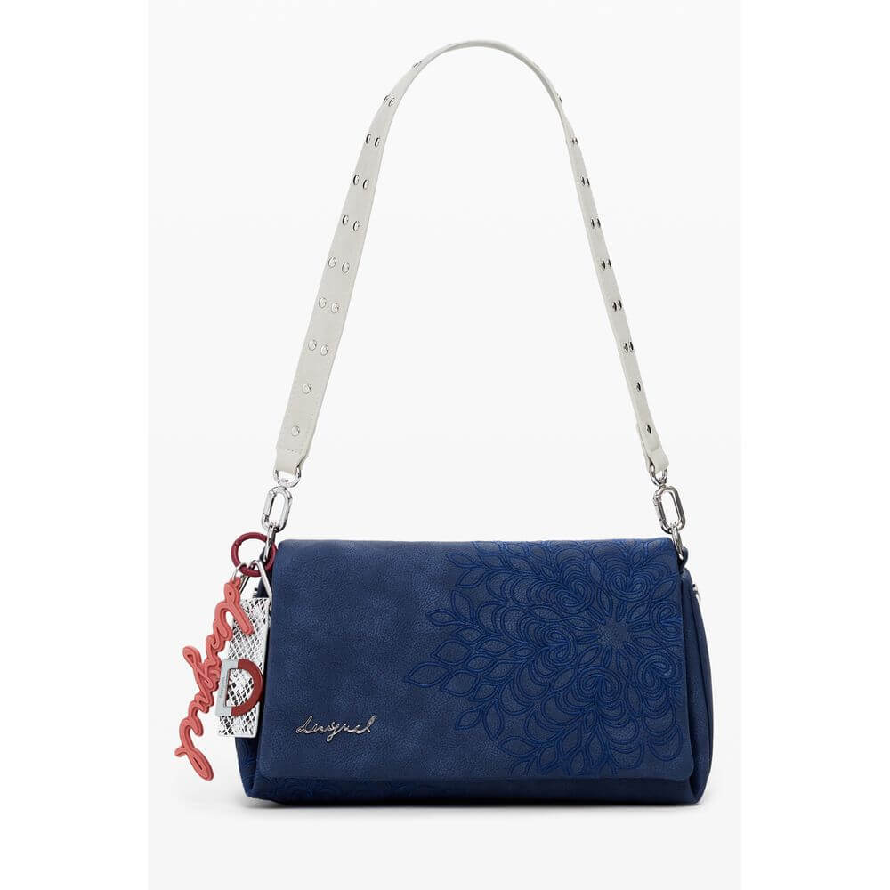 Desigual Blue Polyethylene Women Handbag with embroidery and decorative charm, featuring removable handle and adjustable strap.