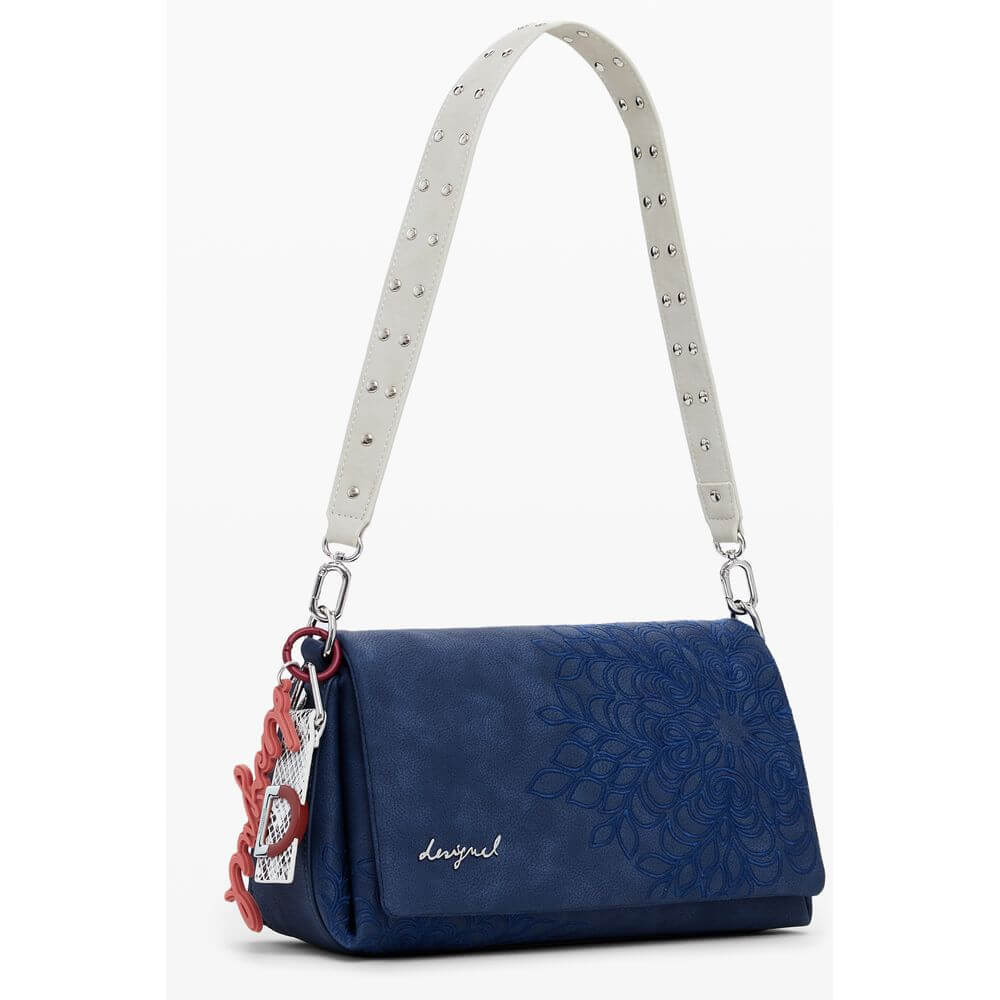 Desigual Blue Polyethylene Women Handbag with floral embroidery and adjustable strap for versatile styling.