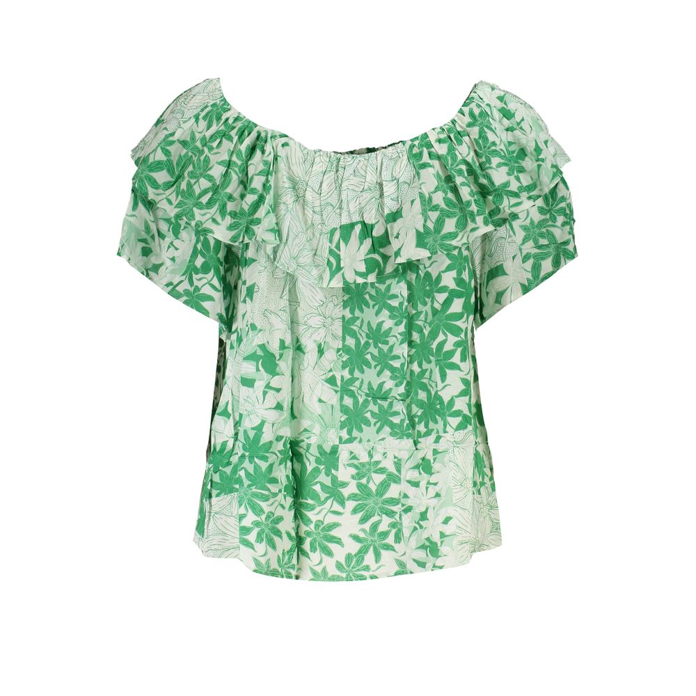 Desigual Green Cotton Women T-Shirt with floral pattern and boat neck, showcasing elegant short-sleeve design and soft fabric.
