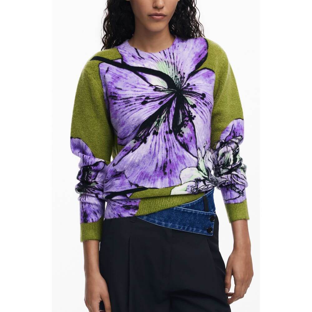 Desigual Purple Elastane Women Sweater featuring bold purple floral designs and a high-neck style for a vibrant fashion statement.