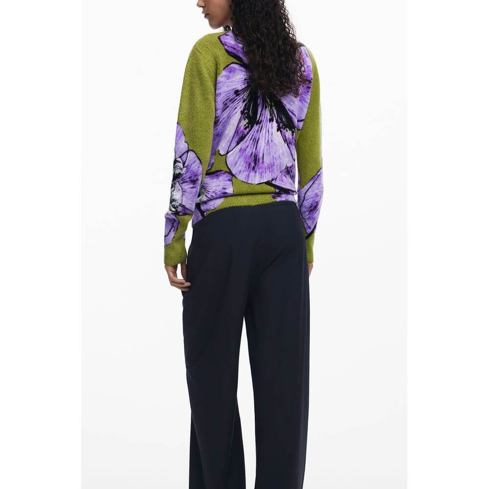 Back view of Desigual Purple Elastane Women Sweater with bold floral design, high-neck elegance, and vibrant purple hues.