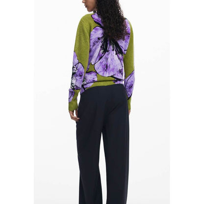 Back view of Desigual Purple Elastane Women Sweater with bold floral design, high-neck elegance, and vibrant purple hues.