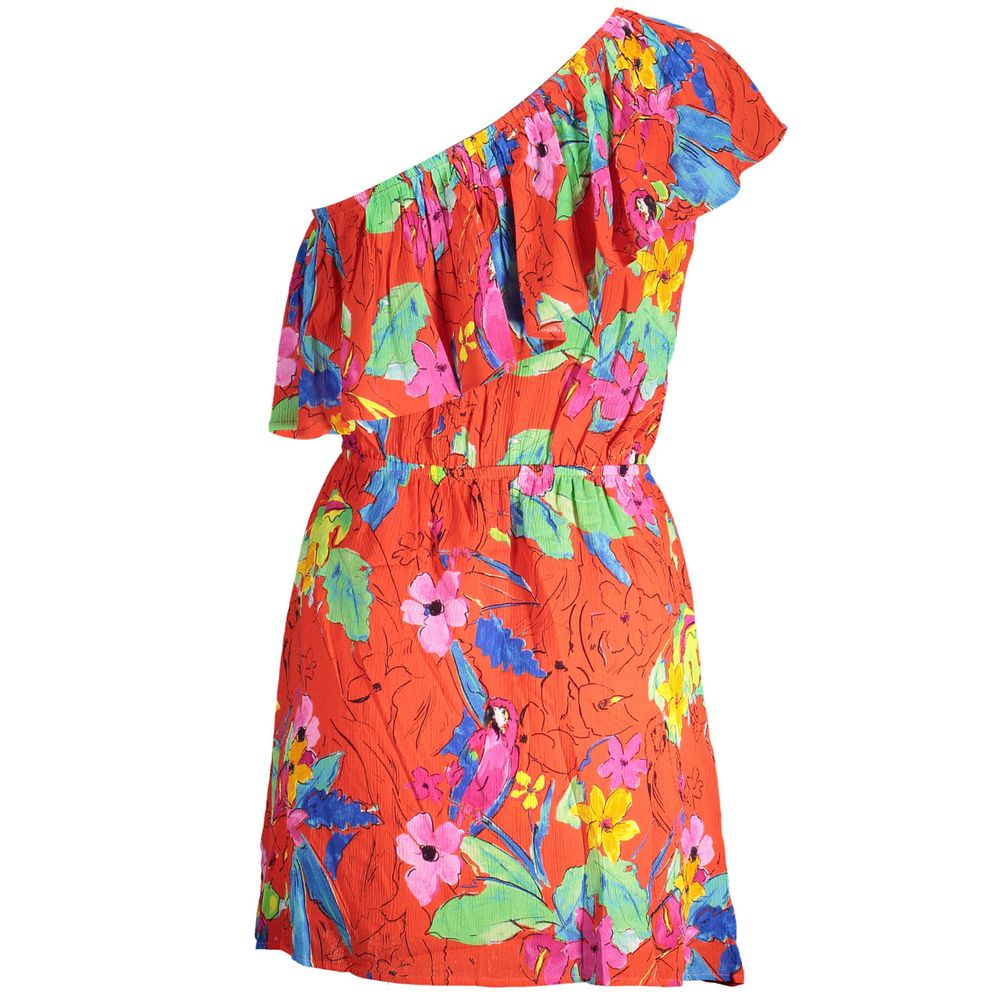 Desigual Red Viscose Women Dress with vibrant floral pattern and one-shoulder design, perfect for an elegant evening look.