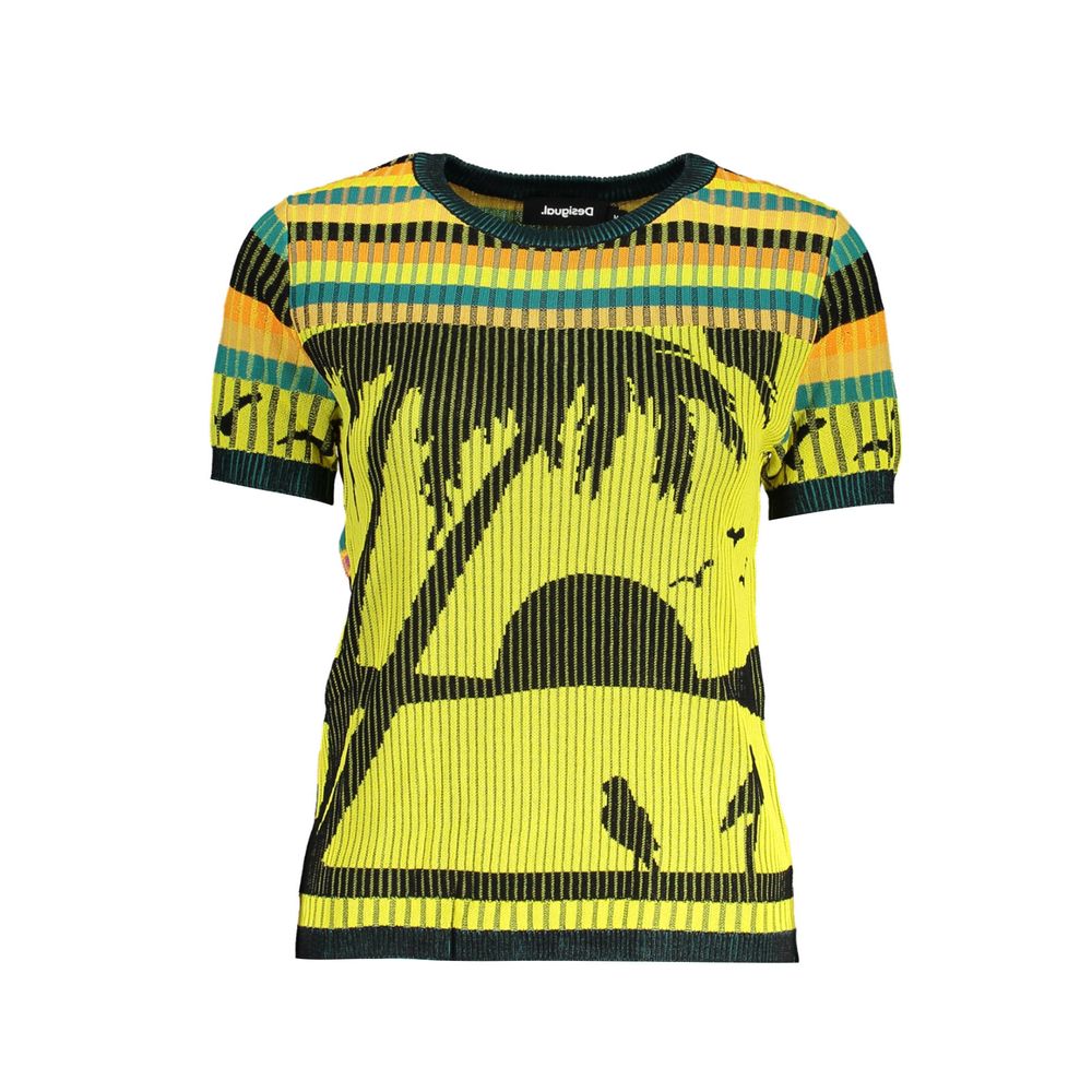 Desigual Yellow Viscose Women Sweater with artistic design and contrasting details, perfect for vibrant style