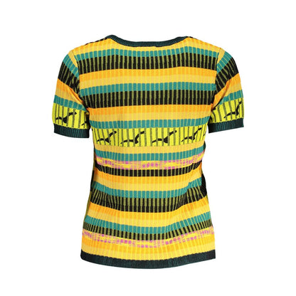 Desigual Yellow Viscose Women Sweater with striped pattern, short sleeves, and artistic design, perfect for adding vibrant style to any outfit.