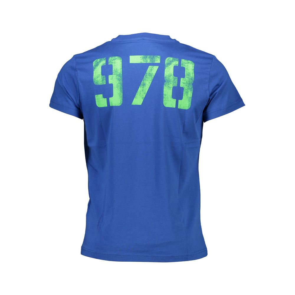 Diesel Blue Cotton Men T-Shirt with green number print on the back, stylish and casual for modern trendsetters.