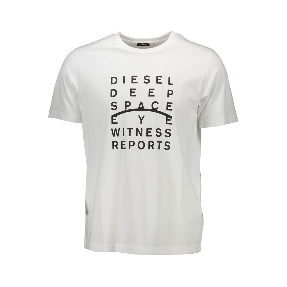Diesel White Cotton Men T-Shirt with bold print and Diesel logo, stylish casual wear for modern fashion enthusiasts.