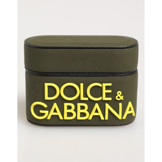 Dolce & Gabbana Army Green Rubber Logo Embossed Accessory Airpods Case, luxury design with bold DG branding.