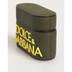 Dolce & Gabbana Army Green Rubber Logo Embossed Accessory Airpods Case with yellow embossed DG logo, durable and stylish design.