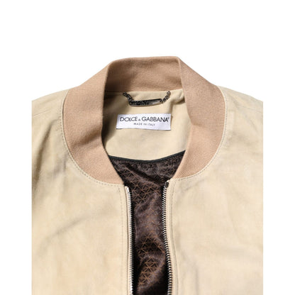 Dolce & Gabbana Beige Lambskin Full Zip Men Bomber Jacket