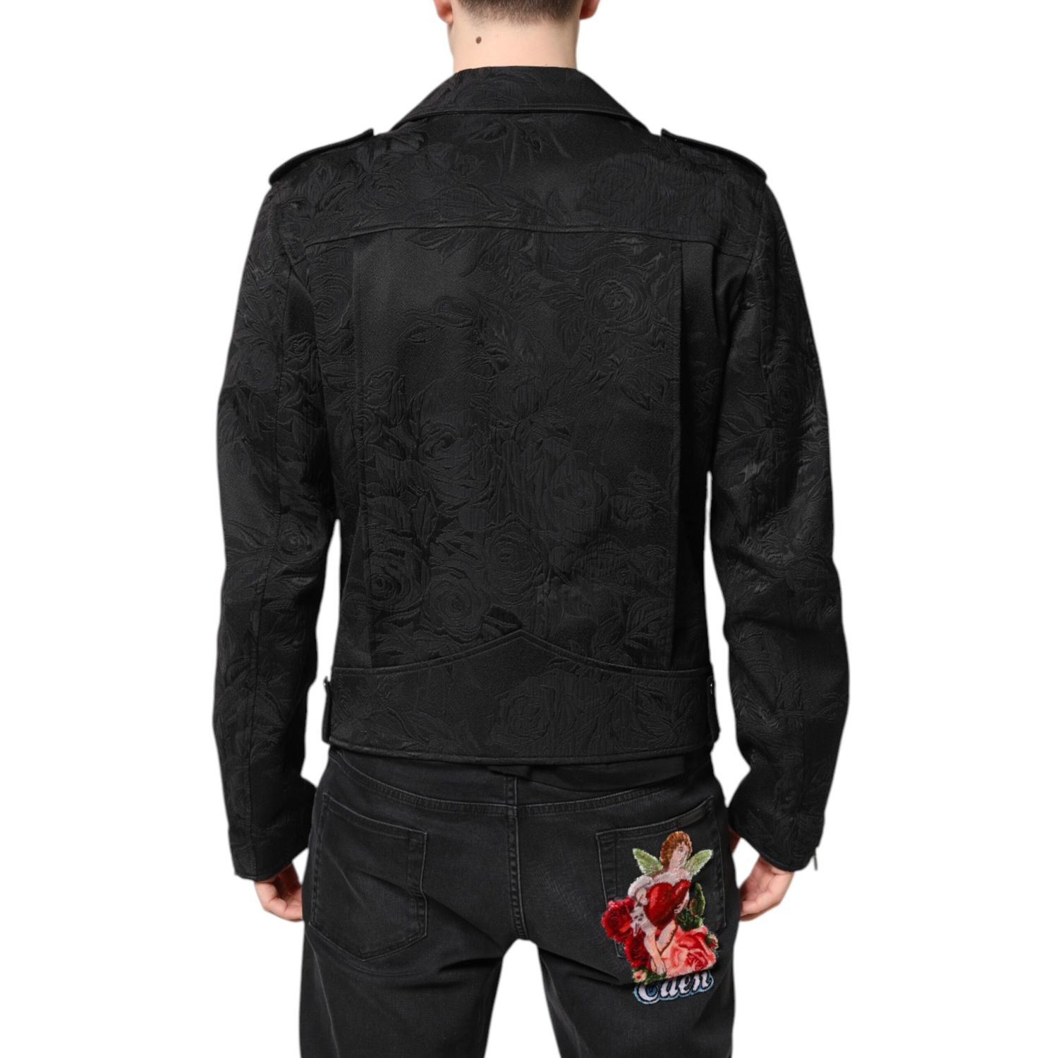 Dolce & Gabbana Black Brocade Cotton Full Zip Biker Jacket