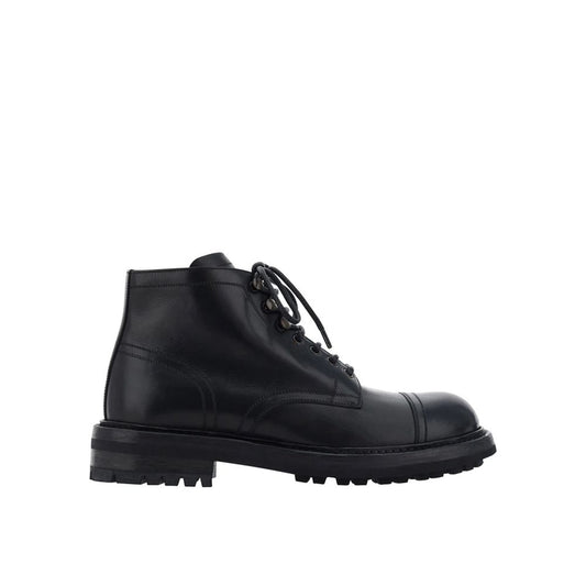 Dolce & Gabbana Black Calfskin Lace-Up Boots, men's leather footwear, round toe, Italian made, front lace-up closure, side view.