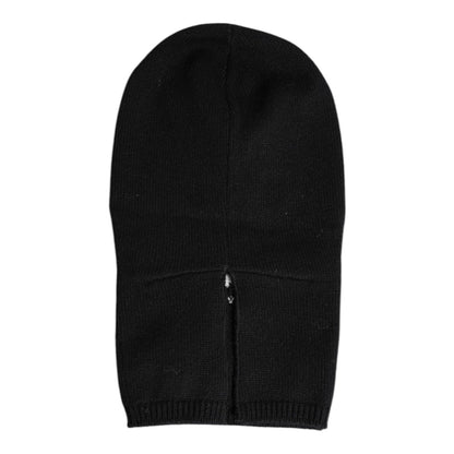 Dolce & Gabbana Black Cashmere Knitted Ski Mask Balaclava Hat, 100% cashmere, luxury women's headwear with logo details, made in Italy.