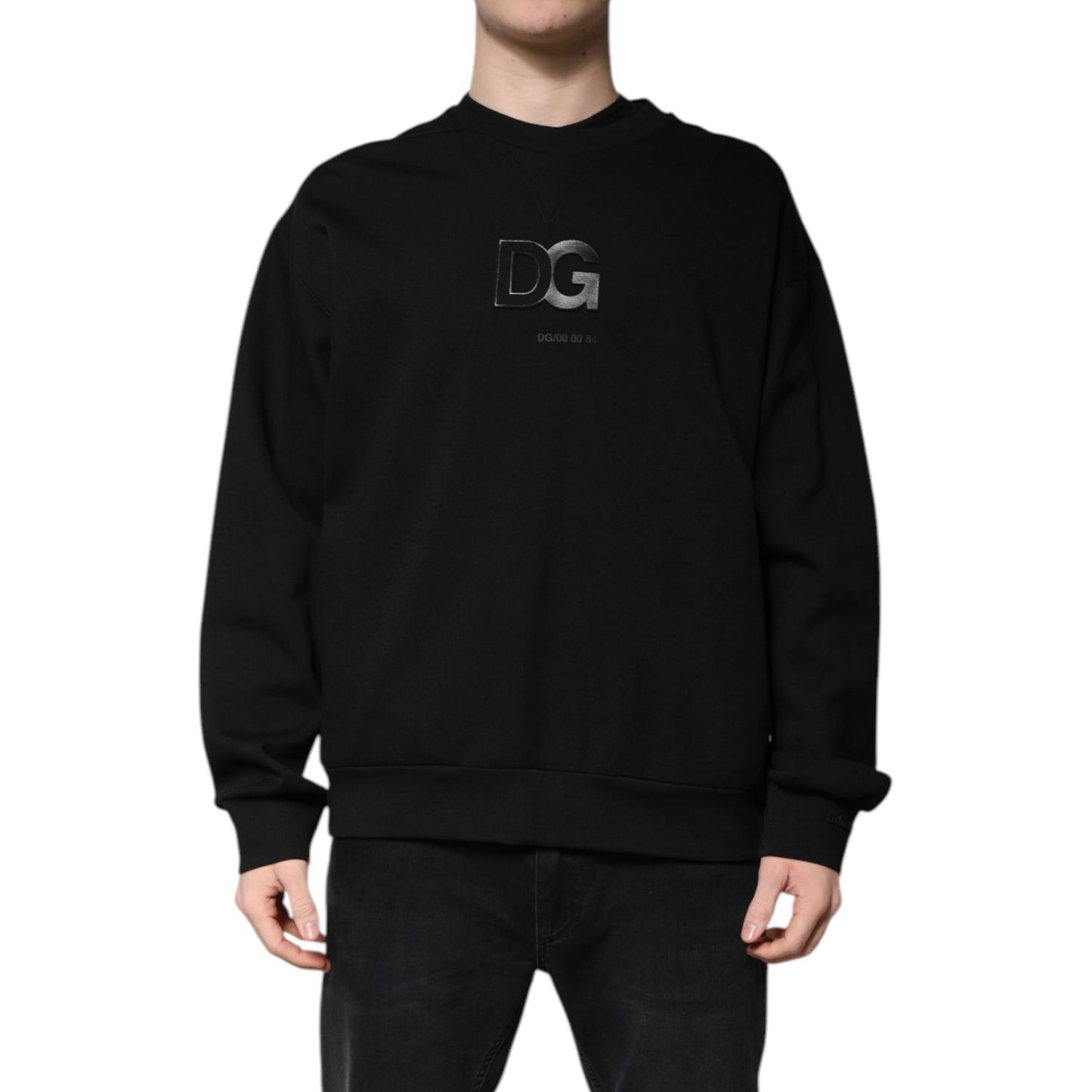 Dolce & Gabbana Black Cotton DG Crew Neck Pullover Sweater