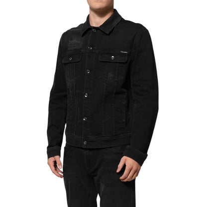 Dolce & Gabbana Black Cotton Denim Stretch Button Up Jacket with chest flap pockets and button closure, worn by a model.
