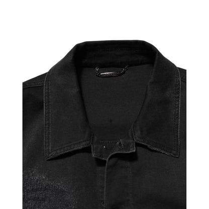 Dolce & Gabbana Black Cotton Denim Stretch Button Up Jacket with collar detail, classic button-front, made in Italy, premium quality.
