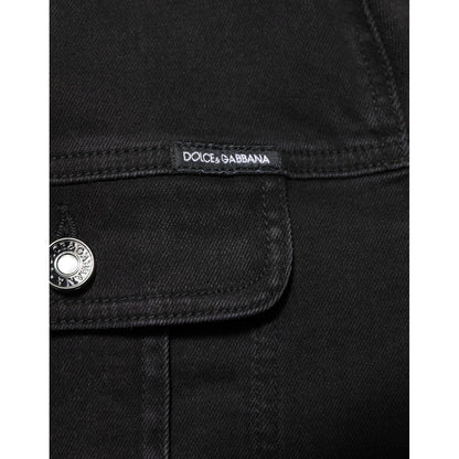 Detail view of Dolce & Gabbana Black Cotton Denim Stretch Button Up Jacket showcasing button and logo details.